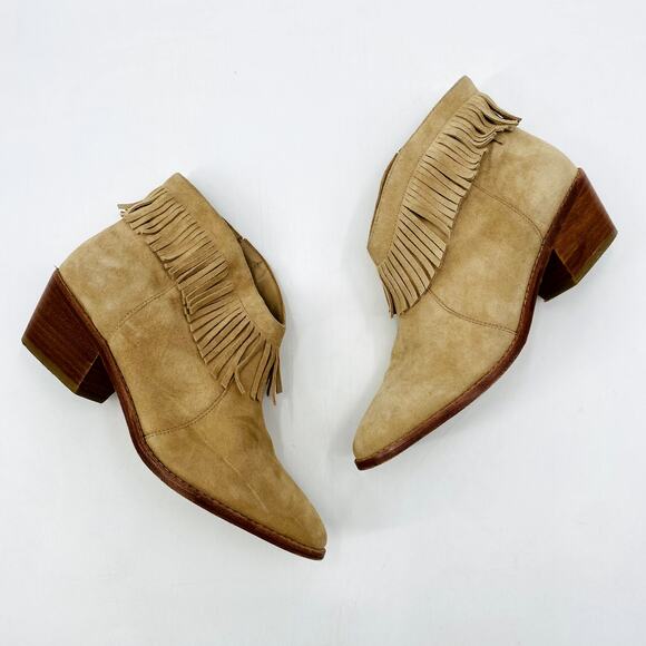 Joie Tan Suede Fringe Low Heeled Booties - Picture 1 of 5